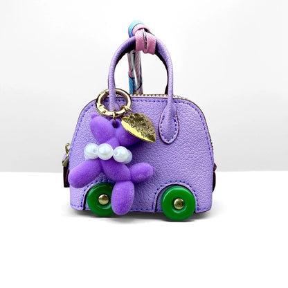 Cute PU Leather Mini Wheel Bag Charm with Flocked Balloon Dog Charm-Small Cute Coin Purse Pouch for Earbuds, Cables & Cash/Gift