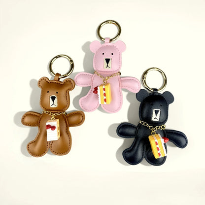 Adorable Lazy PU Leather Bear Keychain with Strawberry Cake Pendant. Cute and Funny Purse Charm- Perfect Relaxing Accessory