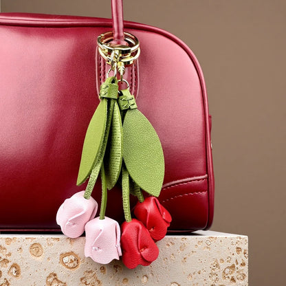 8-Color Soft PU Leather Tulip Bag Charm– Elegant Hanging Floral Accessory with Metal Ring, Realistic Bloom Design for Backpack