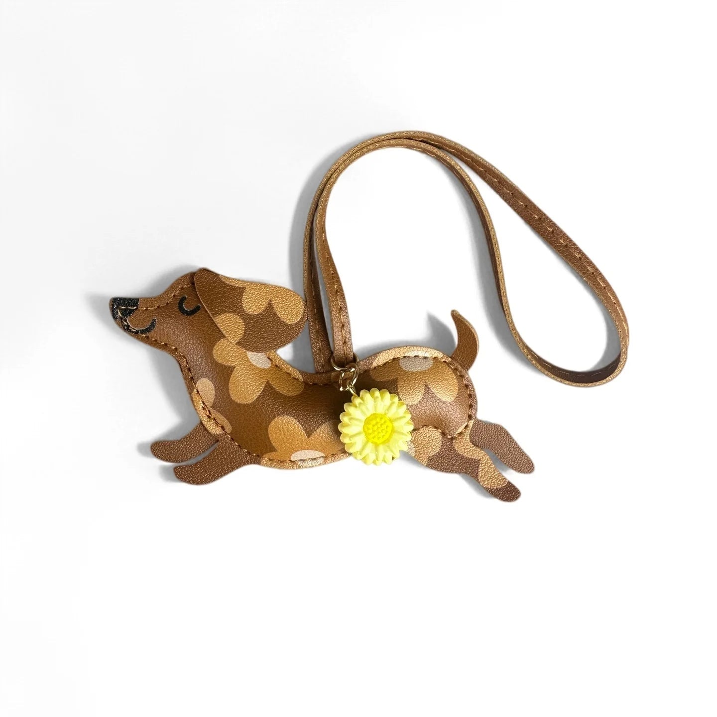 PU Leather Running Dachshund Keychain, Puppy Bag Charm With Daisy Flower-Accessories For Purse & Backpack, Gift for Dog Lovers
