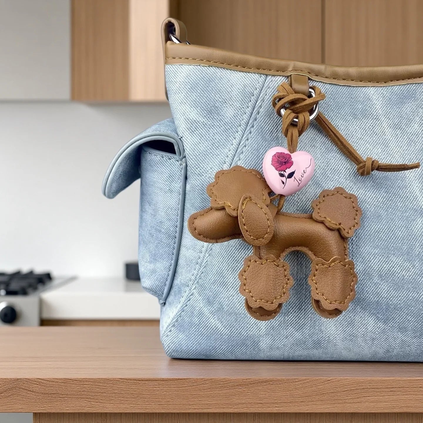 3 Colors PU Leather Poodle Dog Bag Charm/Keychain-Cute Puppy Purse Accessory with Love Heart Pendant, Lovely Gift for Dog Lovers