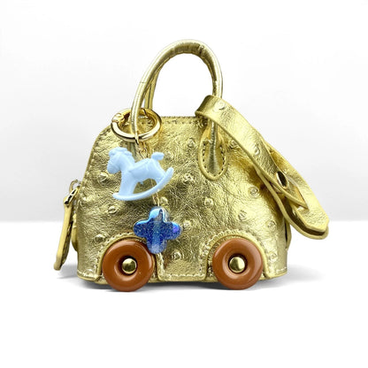 Mini Handbag Purse with Wheels&Rocking Horse-Cute Ostrich Pattern PU Leather Case for AirPods, Coin, Cable, Keychain Bag Charm