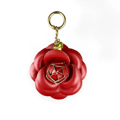Elegant PU Leather Camellia Keychain, Timeless Neutral Tone Bag Clip Charm, 3D Floral Pendant for Handbag, Gift For Women