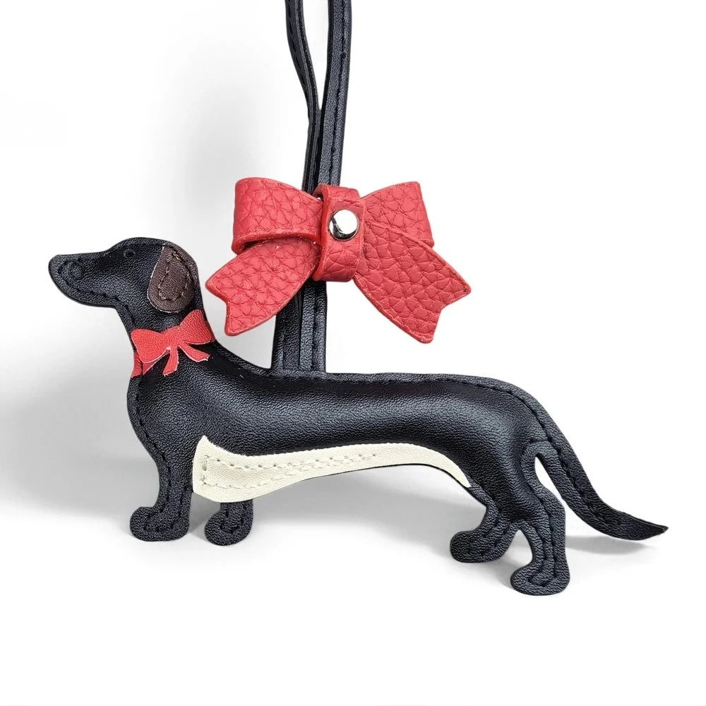 Red Bow-Adorned Dachshund Leather Bag Charm: PU Leather, Slim Shape, Red Bow, Premium Soft Fill