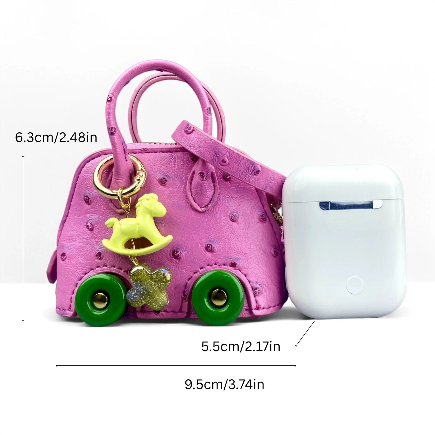 Mini Handbag Purse with Wheels&Rocking Horse-Cute Ostrich Pattern PU Leather Case for AirPods, Coin, Cable, Keychain Bag Charm