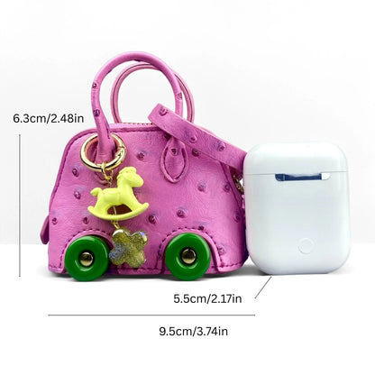 Mini Handbag Purse with Wheels&Rocking Horse-Cute Ostrich Pattern PU Leather Case for AirPods, Coin, Cable, Keychain Bag Charm