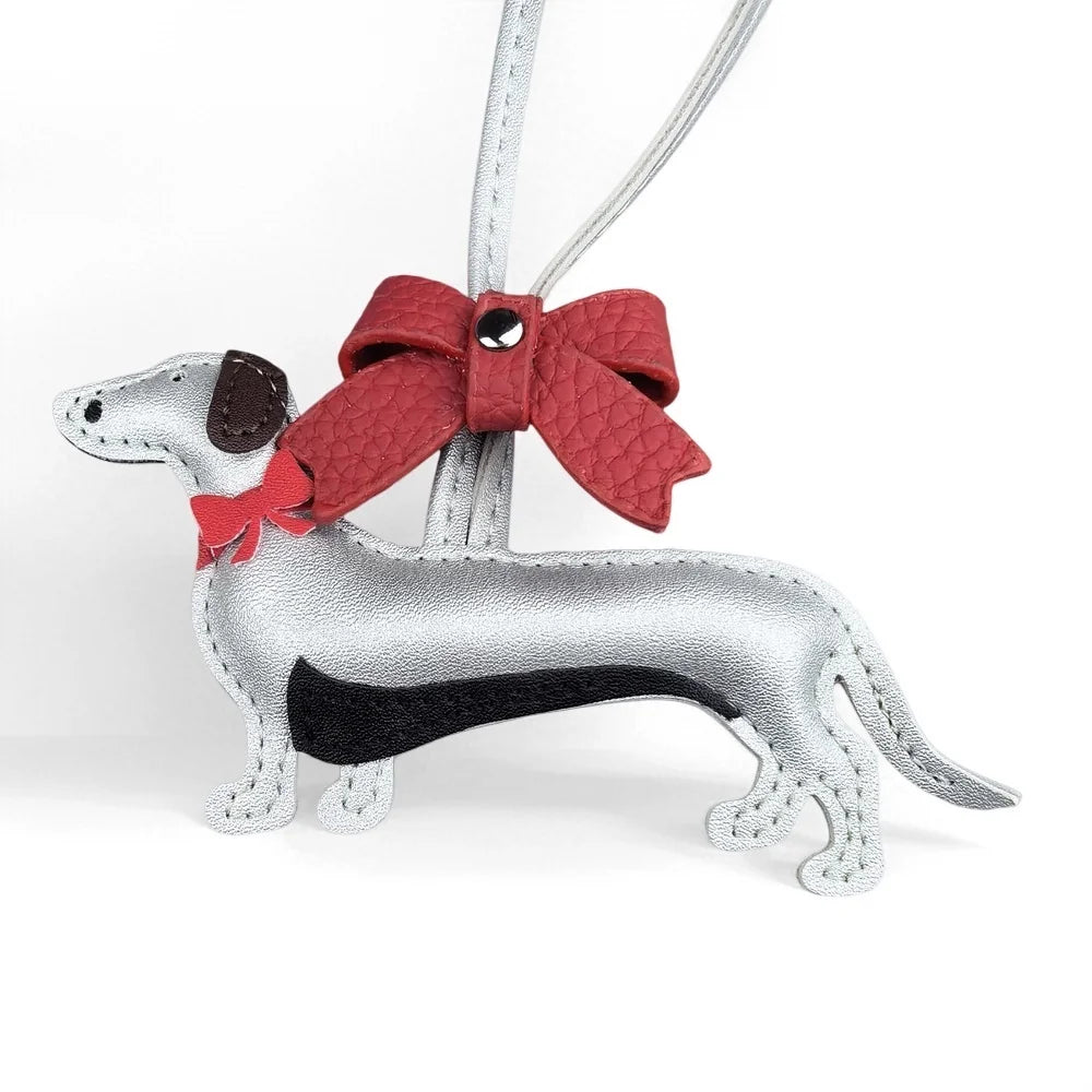 Red Bow-Adorned Dachshund Leather Bag Charm: PU Leather, Slim Shape, Red Bow, Premium Soft Fill