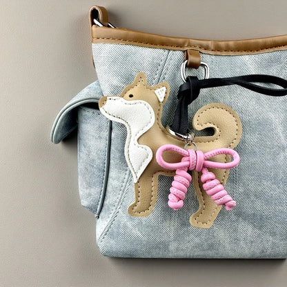 Adorable PU Leather Shiba Inu Dog Bag Charm– Puppy Pendant with Hand-Braided Leather Bow-Purse Decor Gift Friends & Family-Y2K