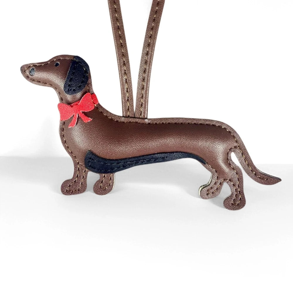Red Bow-Adorned Dachshund Leather Bag Charm: PU Leather, Slim Shape, Red Bow, Premium Soft Fill