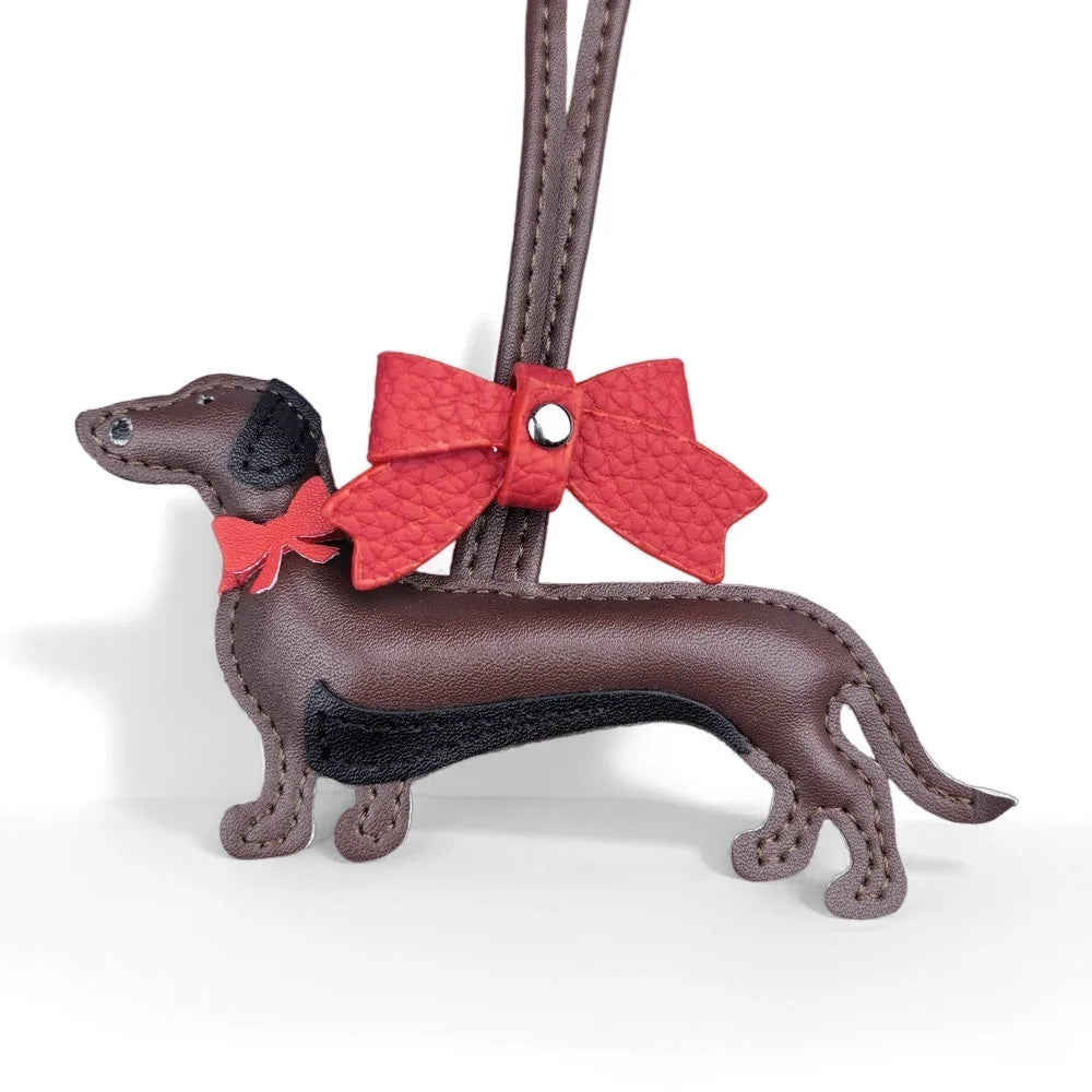 Red Bow-Adorned Dachshund Leather Bag Charm: PU Leather, Slim Shape, Red Bow, Premium Soft Fill