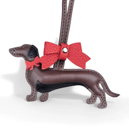 Red Bow-Adorned Dachshund Leather Bag Charm: PU Leather, Slim Shape, Red Bow, Premium Soft Fill