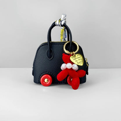 Cute PU Leather Mini Wheel Bag Charm with Flocked Balloon Dog Charm-Small Cute Coin Purse Pouch for Earbuds, Cables & Cash/Gift