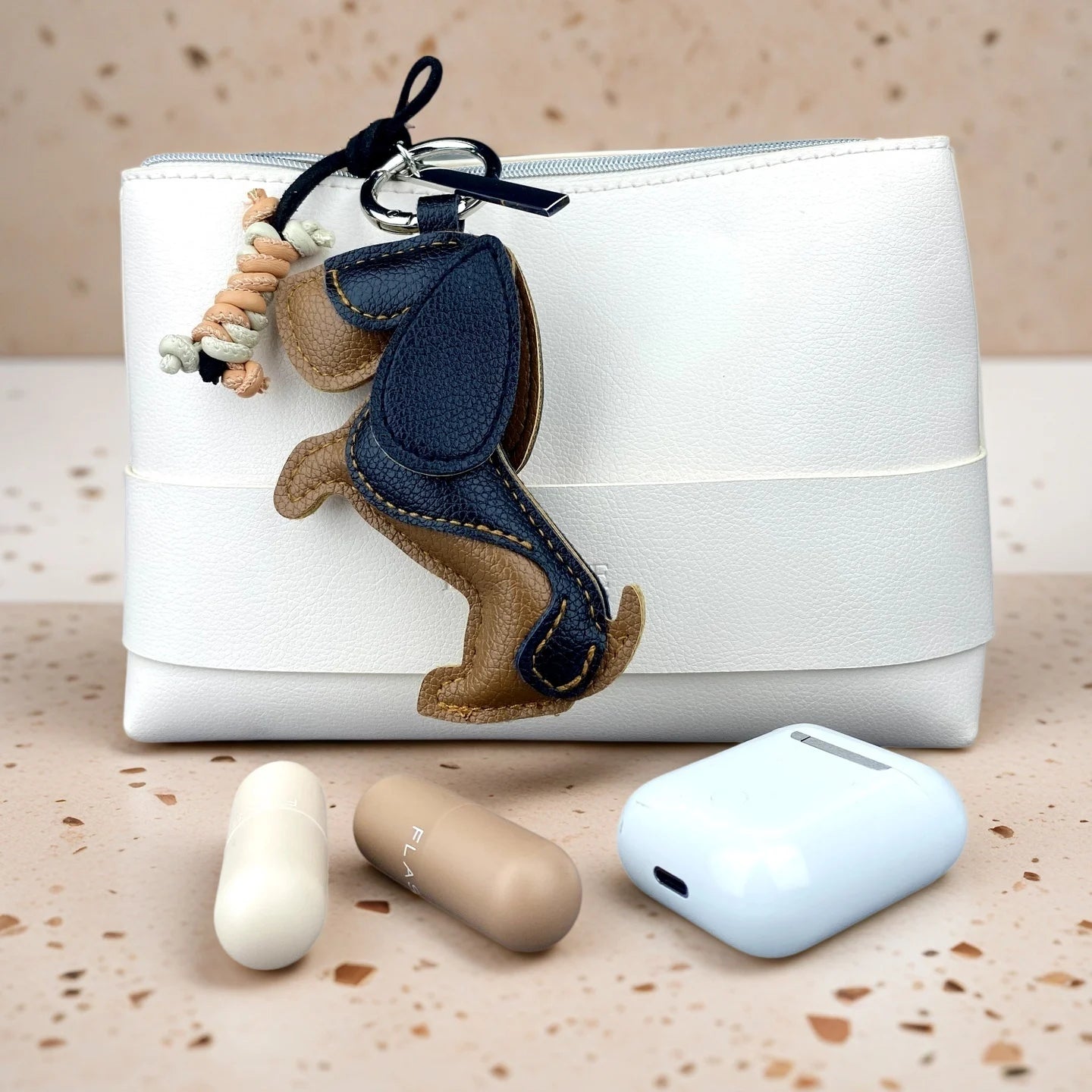 Cute Puppy PU Leather Keychain Bag Charm Set-Dog Pendant/Handwoven Leather Bone Accessory, Trendy Purse Hanger Ornament for Bag