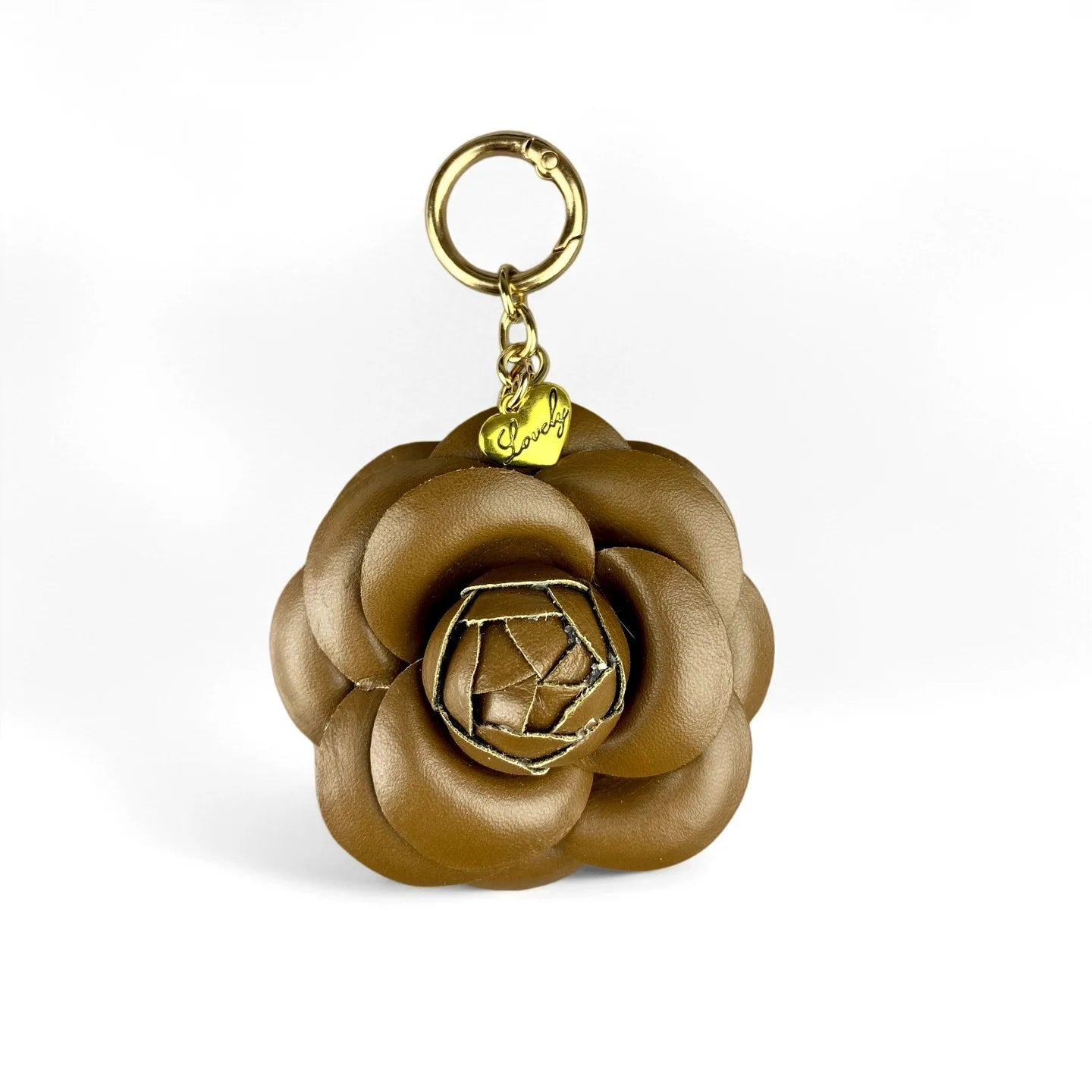 Elegant PU Leather Camellia Keychain, Timeless Neutral Tone Bag Clip Charm, 3D Floral Pendant for Handbag, Gift For Women