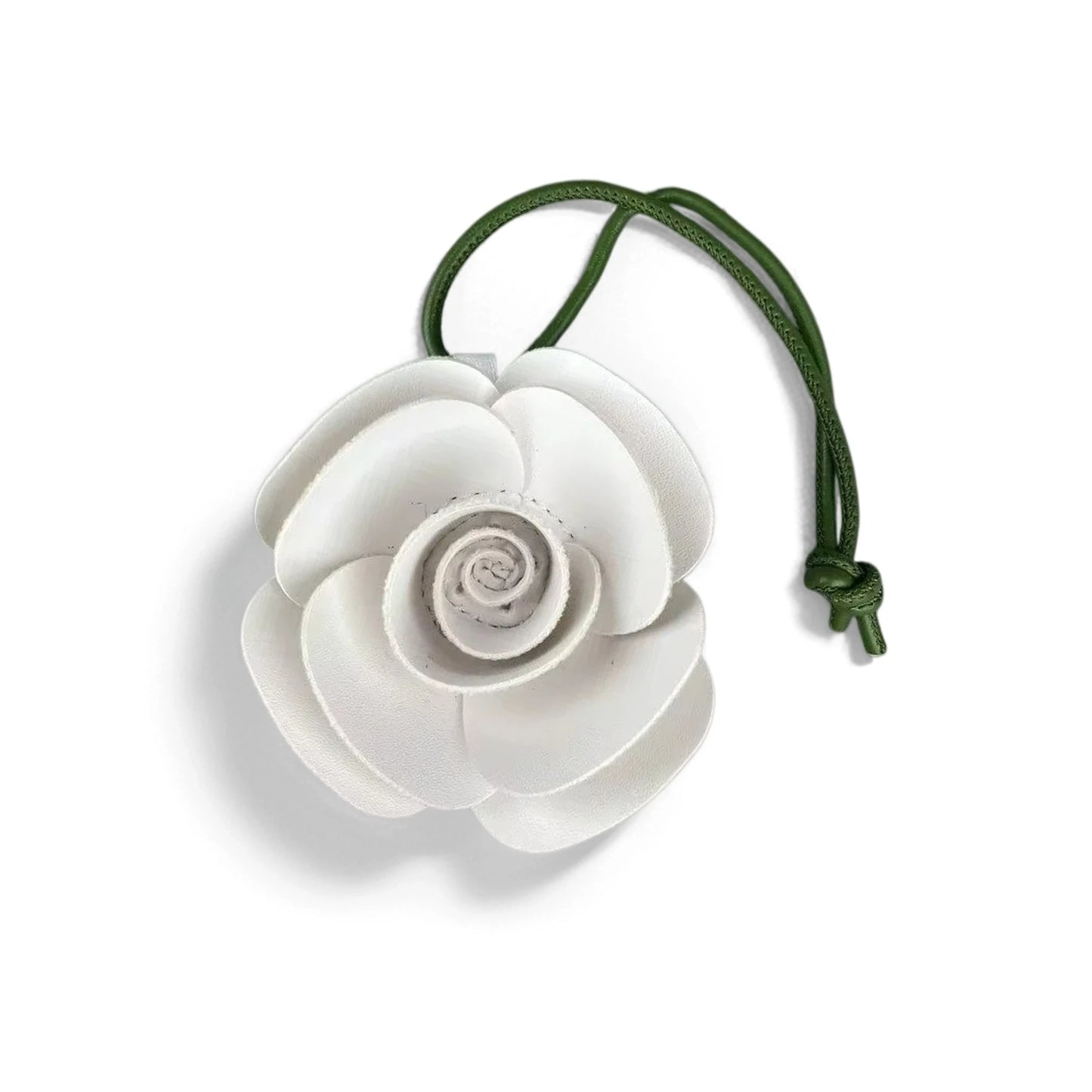 Elegant 3D PU Leather Camellia Flower Bag Charm, Handmade Floral Pendant with Olive Green Leather Strap, Stylish Purse Accessory