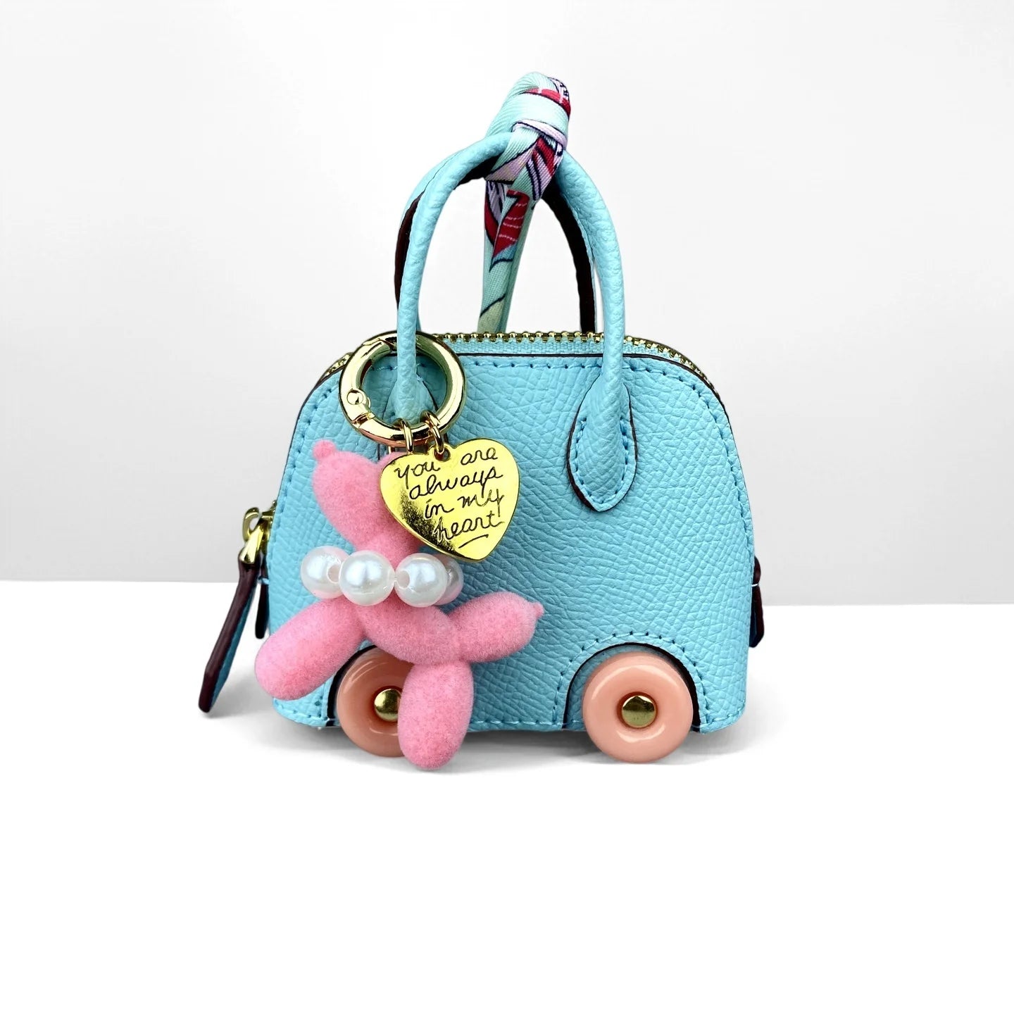 Cute PU Leather Mini Wheel Bag Charm with Flocked Balloon Dog Charm-Small Cute Coin Purse Pouch for Earbuds, Cables & Cash/Gift