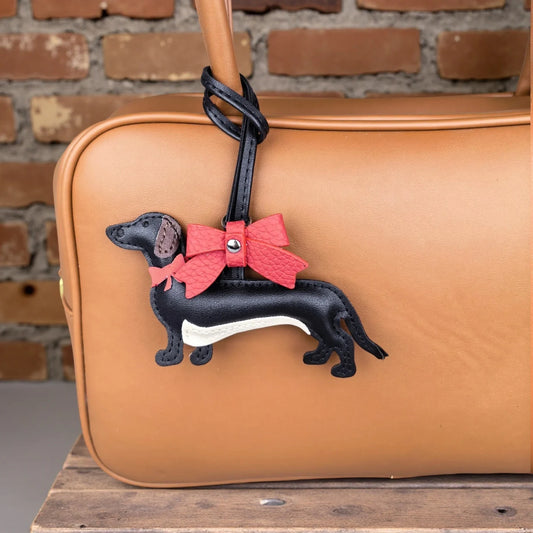Red Bow-Adorned Dachshund Leather Bag Charm: PU Leather, Slim Shape, Red Bow, Premium Soft Fill