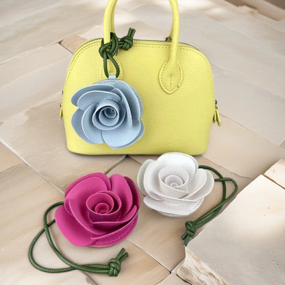 Elegant 3D PU Leather Camellia Flower Bag Charm, Handmade Floral Pendant with Olive Green Leather Strap, Stylish Purse Accessory