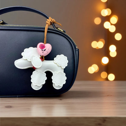 3 Colors PU Leather Poodle Dog Bag Charm/Keychain-Cute Puppy Purse Accessory with Love Heart Pendant, Lovely Gift for Dog Lovers