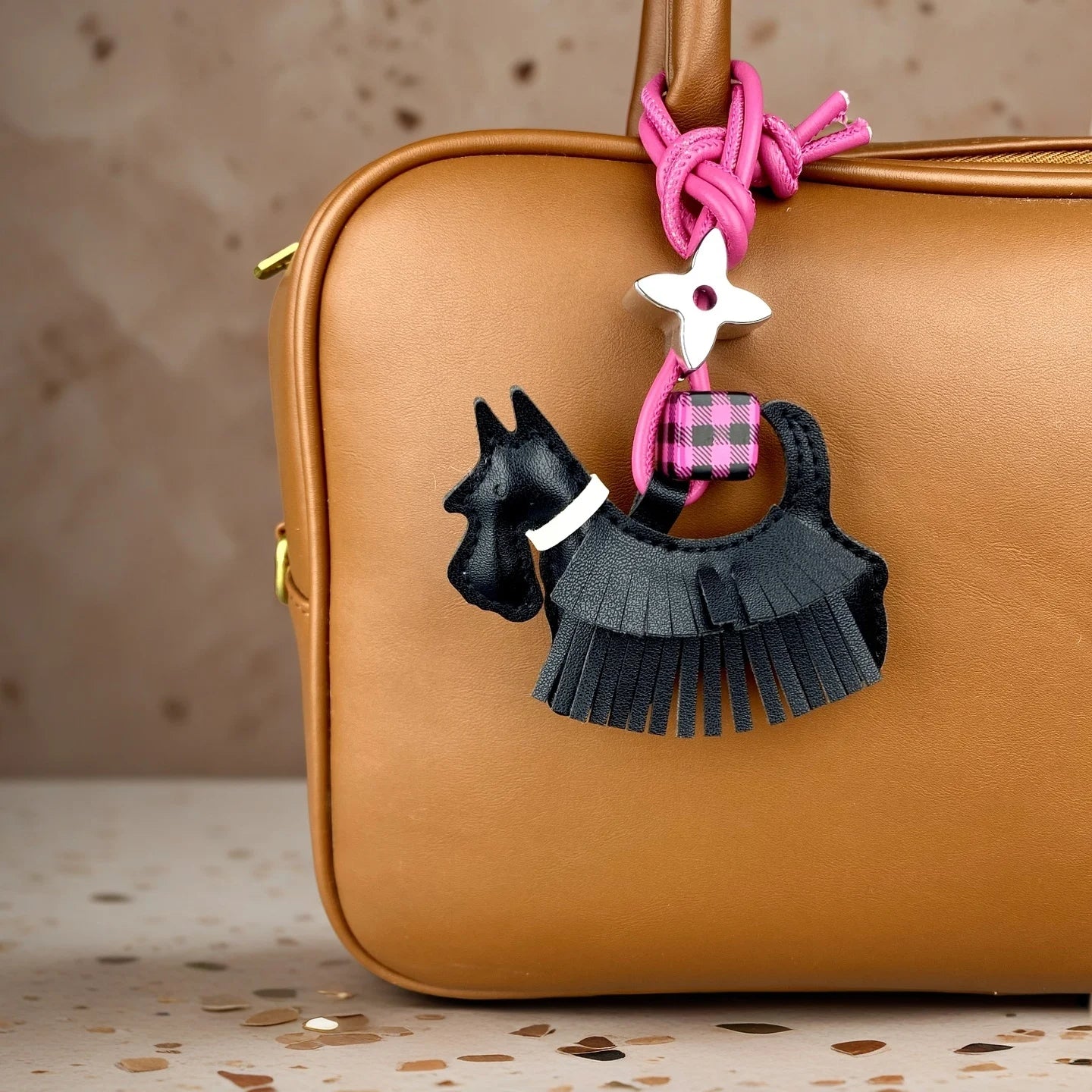 Trendy PU Leather Schnauzer Bag Charm with Tassel Fringe & Plaid Beads –Unique Car/Bag Accessory/Cute Ornament for Dog Lovers