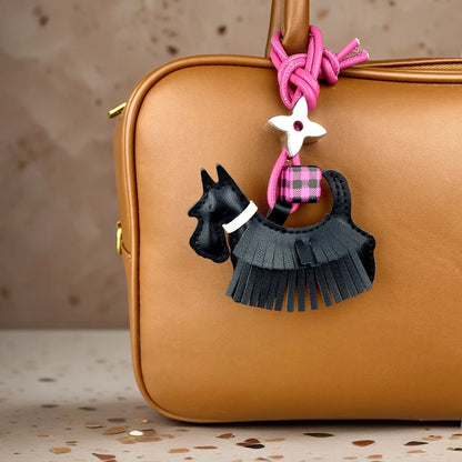 Trendy PU Leather Schnauzer Bag Charm with Tassel Fringe & Plaid Beads –Unique Car/Bag Accessory/Cute Ornament for Dog Lovers