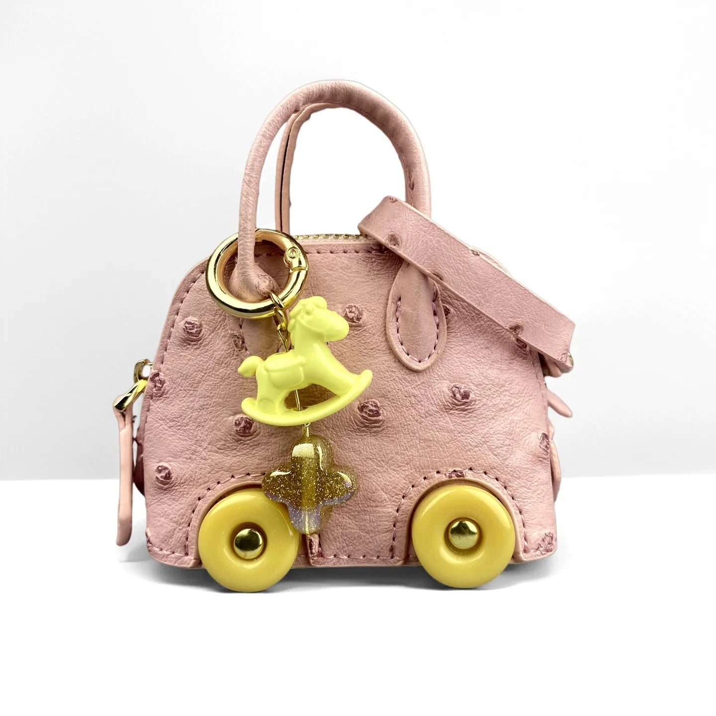 Mini Handbag Purse with Wheels&Rocking Horse-Cute Ostrich Pattern PU Leather Case for AirPods, Coin, Cable, Keychain Bag Charm