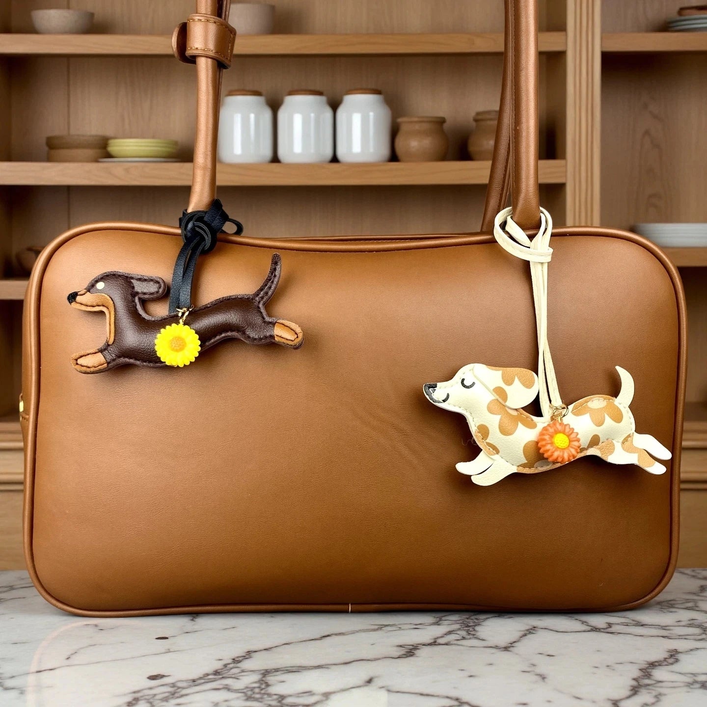 PU Leather Running Dachshund Keychain, Puppy Bag Charm With Daisy Flower-Accessories For Purse & Backpack, Gift for Dog Lovers