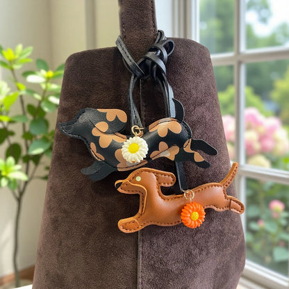PU Leather Running Dachshund Keychain, Puppy Bag Charm With Daisy Flower-Accessories For Purse & Backpack, Gift for Dog Lovers