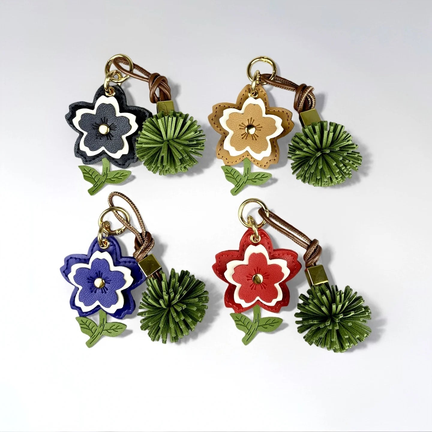 3-Tier PU Leather Flower Keychain/Bag Charm-Stylish PU Leather Ball Charm, 4 Classic Colors Bag Accessory for Handbags, Gifts