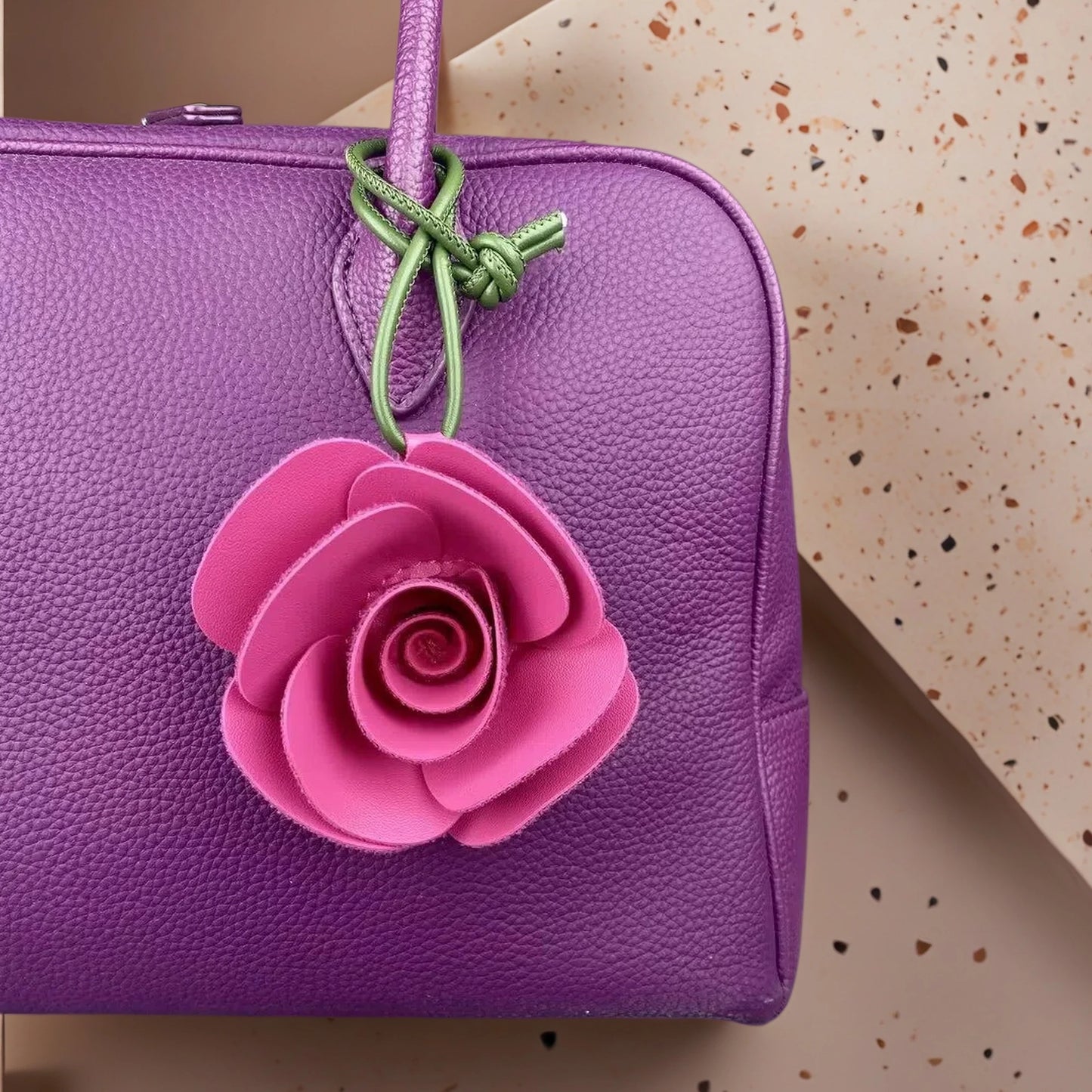 Elegant 3D PU Leather Camellia Flower Bag Charm, Handmade Floral Pendant with Olive Green Leather Strap, Stylish Purse Accessory