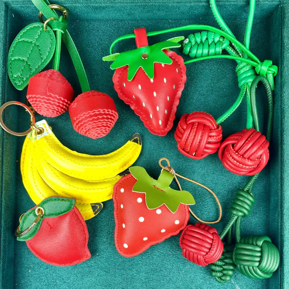 Cute Leather Fruit Charms with Key Rings & Leather Cords for Bag Decoration-PU Leather-Ideal Gift For Women/Kids/Bag Accessory