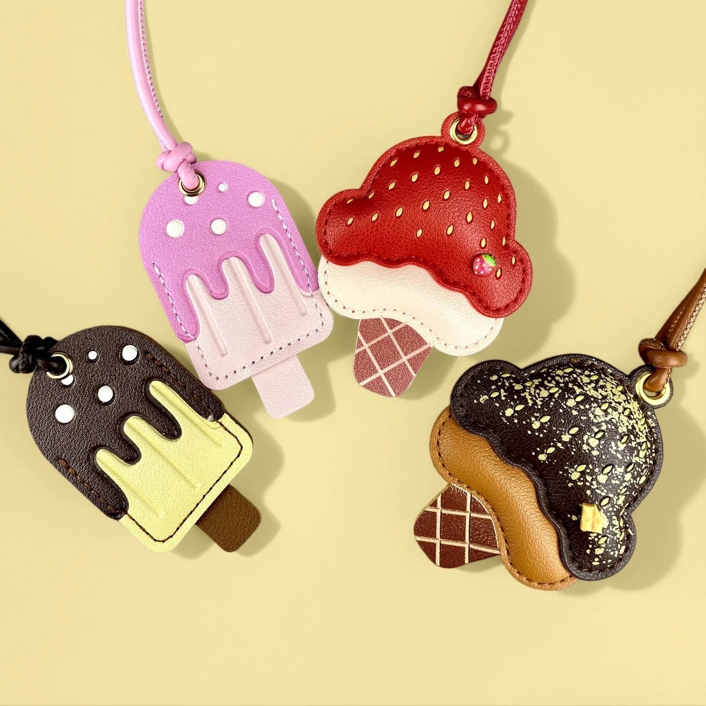 Cute PU Leather Ice Cream & Popsicle Bag Charm-Food Keychain with Multiple Flavor Colors, Sweet Dessert Purse Accessory for Bag