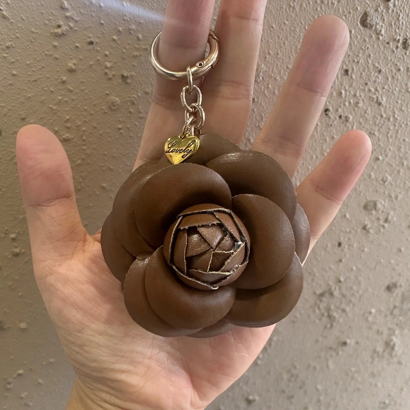 Elegant PU Leather Camellia Keychain, Timeless Neutral Tone Bag Clip Charm, 3D Floral Pendant for Handbag, Gift For Women