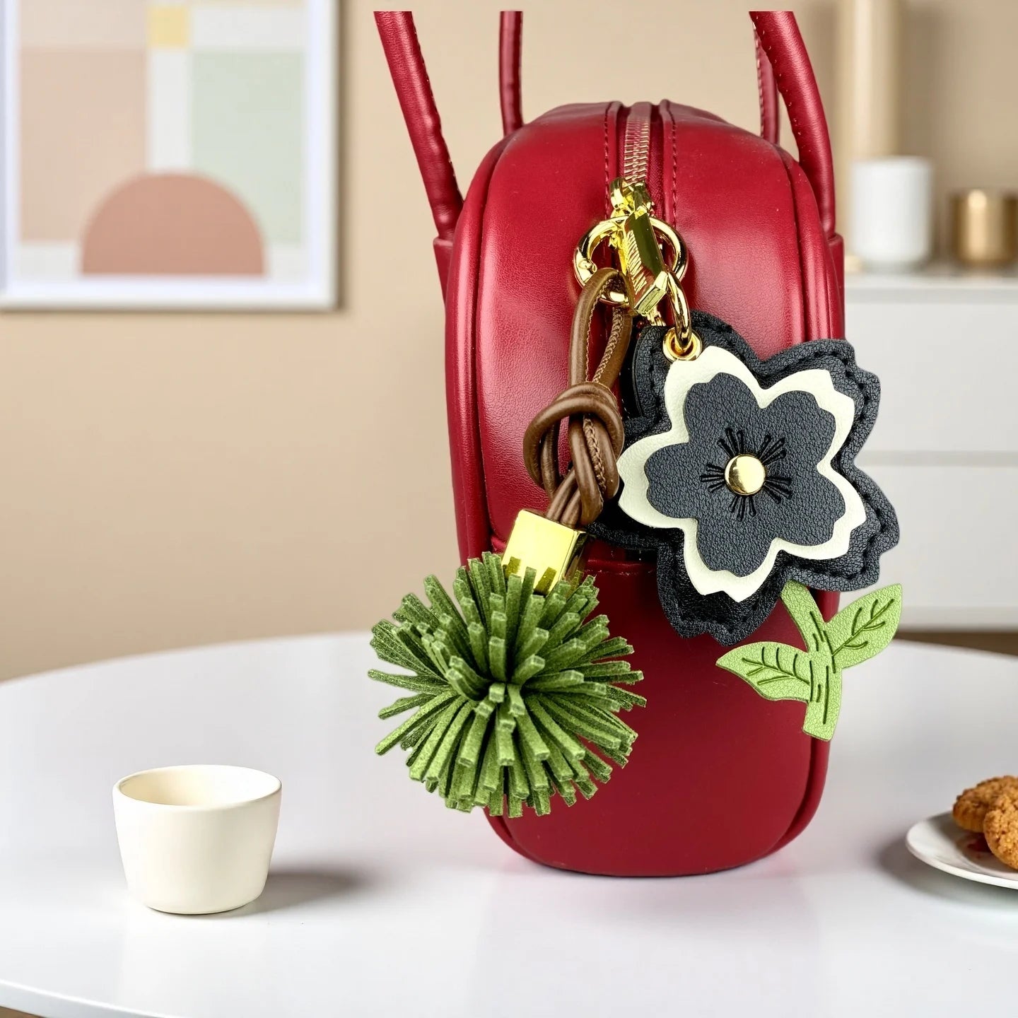 3-Tier PU Leather Flower Keychain/Bag Charm-Stylish PU Leather Ball Charm, 4 Classic Colors Bag Accessory for Handbags, Gifts