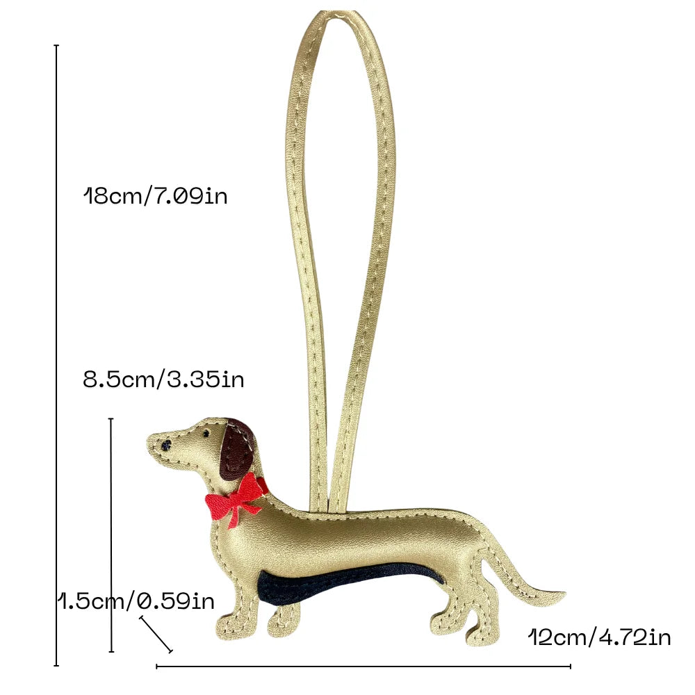Red Bow-Adorned Dachshund Leather Bag Charm: PU Leather, Slim Shape, Red Bow, Premium Soft Fill