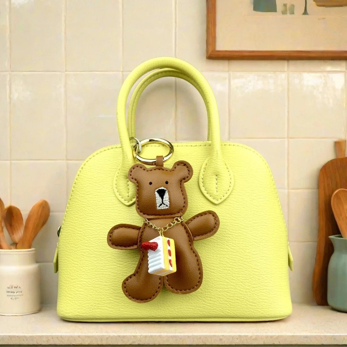Adorable Lazy PU Leather Bear Keychain with Strawberry Cake Pendant. Cute and Funny Purse Charm- Perfect Relaxing Accessory