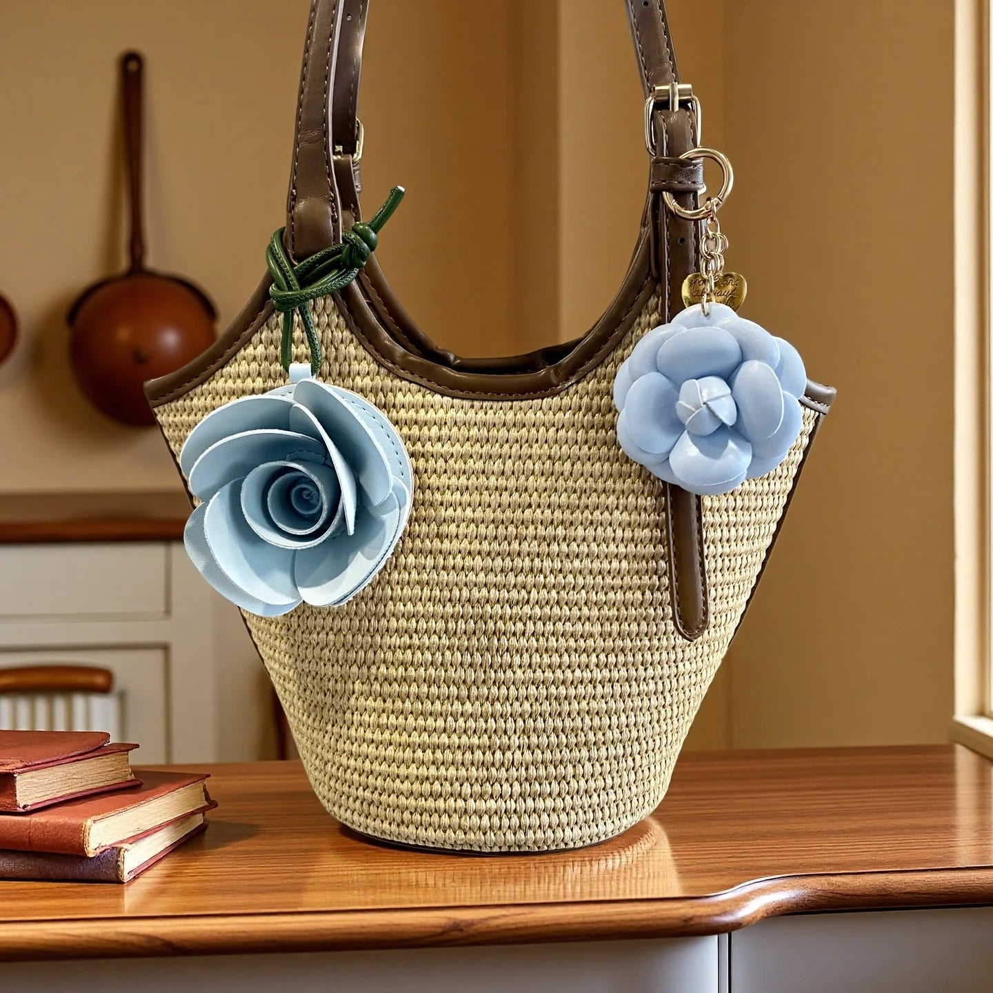 Blue Theme Floral Pu Leather Keychain/Bag Charm-Blue Flower Purse Charm Car Hanging Decor-Unique Calming Aesthetic Gift For Bag