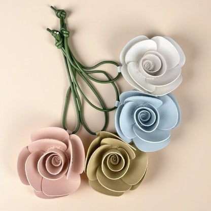 Elegant 3D PU Leather Camellia Flower Bag Charm, Handmade Floral Pendant with Olive Green Leather Strap, Stylish Purse Accessory