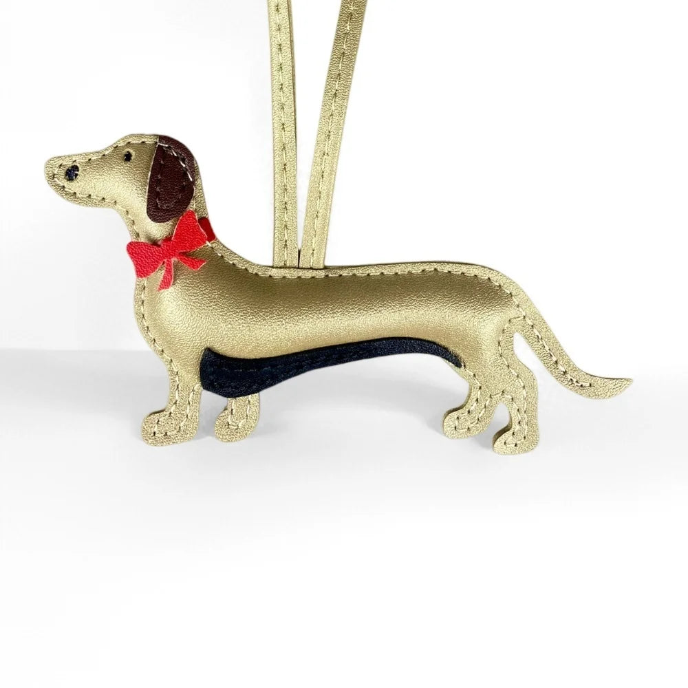 Red Bow-Adorned Dachshund Leather Bag Charm: PU Leather, Slim Shape, Red Bow, Premium Soft Fill