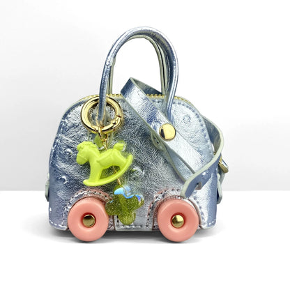 Mini Handbag Purse with Wheels&Rocking Horse-Cute Ostrich Pattern PU Leather Case for AirPods, Coin, Cable, Keychain Bag Charm