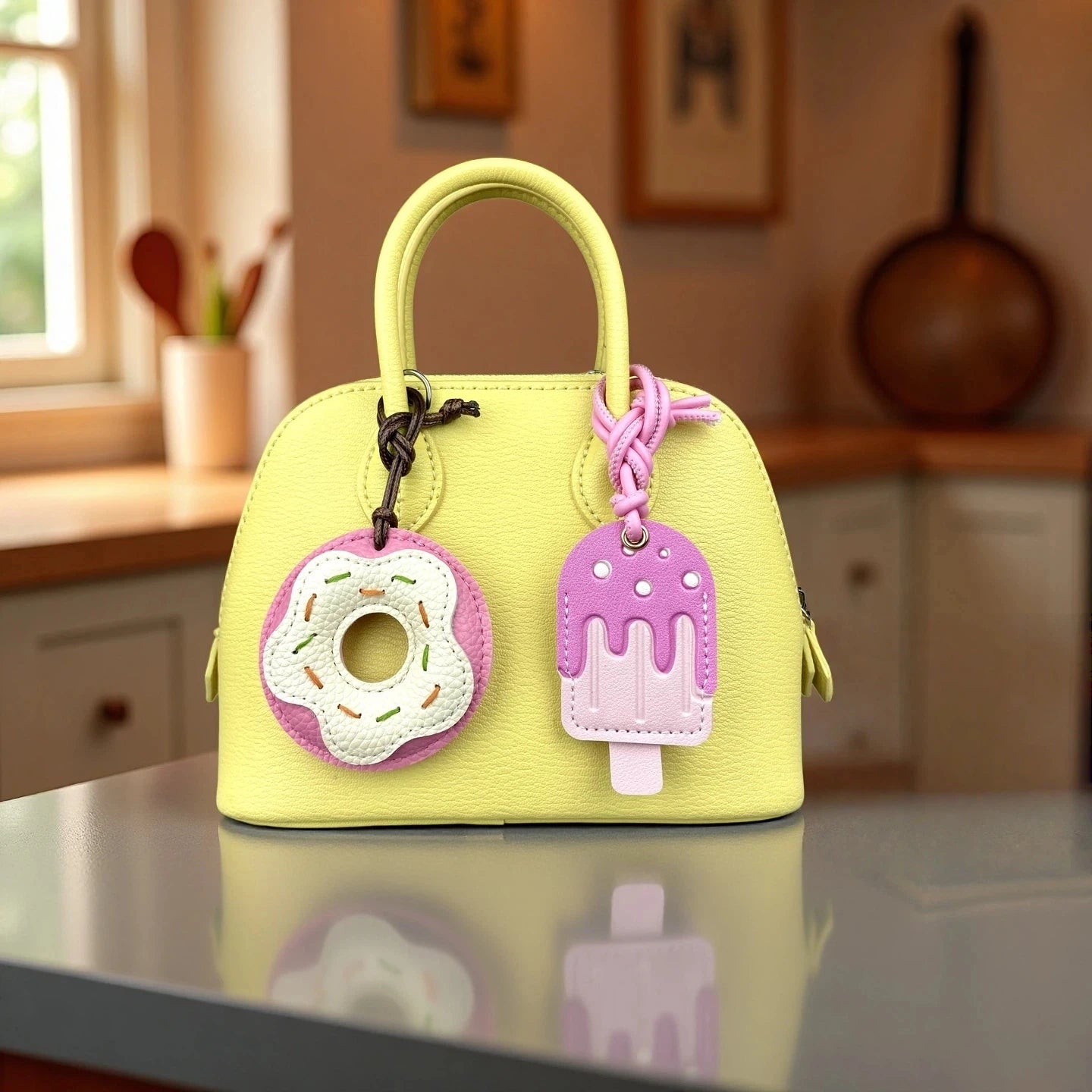 Pink Sweet Dessert Bag Charms-PU Leather Crossiant Donut Ice Cream Bag Car Keychain Home Decor, Sweet Gift for Girls-Y2K