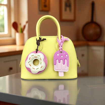 Pink Sweet Dessert Bag Charms-PU Leather Crossiant Donut Ice Cream Bag Car Keychain Home Decor, Sweet Gift for Girls-Y2K