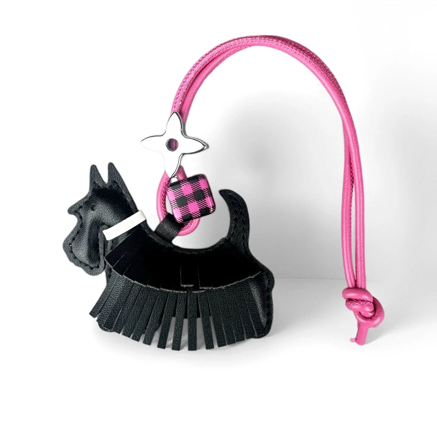 Trendy PU Leather Schnauzer Bag Charm with Tassel Fringe & Plaid Beads –Unique Car/Bag Accessory/Cute Ornament for Dog Lovers