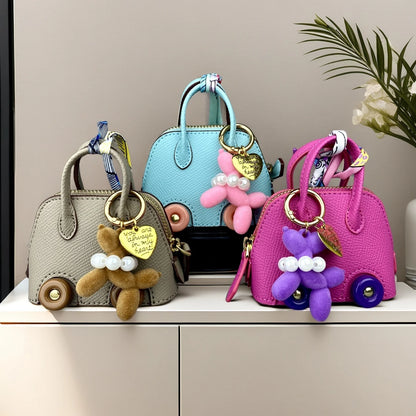 Cute PU Leather Mini Wheel Bag Charm with Flocked Balloon Dog Charm-Small Cute Coin Purse Pouch for Earbuds, Cables & Cash/Gift