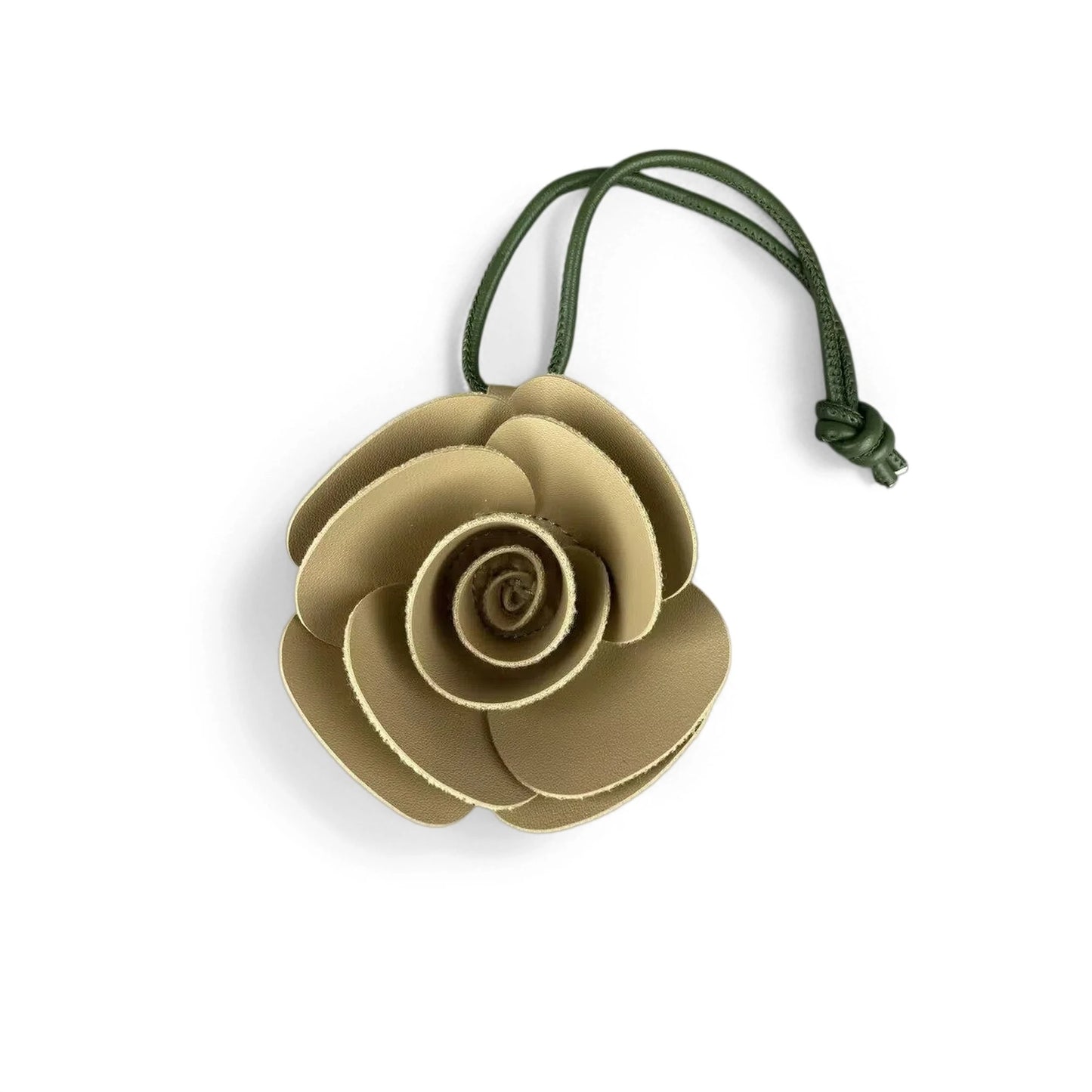 Elegant 3D PU Leather Camellia Flower Bag Charm, Handmade Floral Pendant with Olive Green Leather Strap, Stylish Purse Accessory