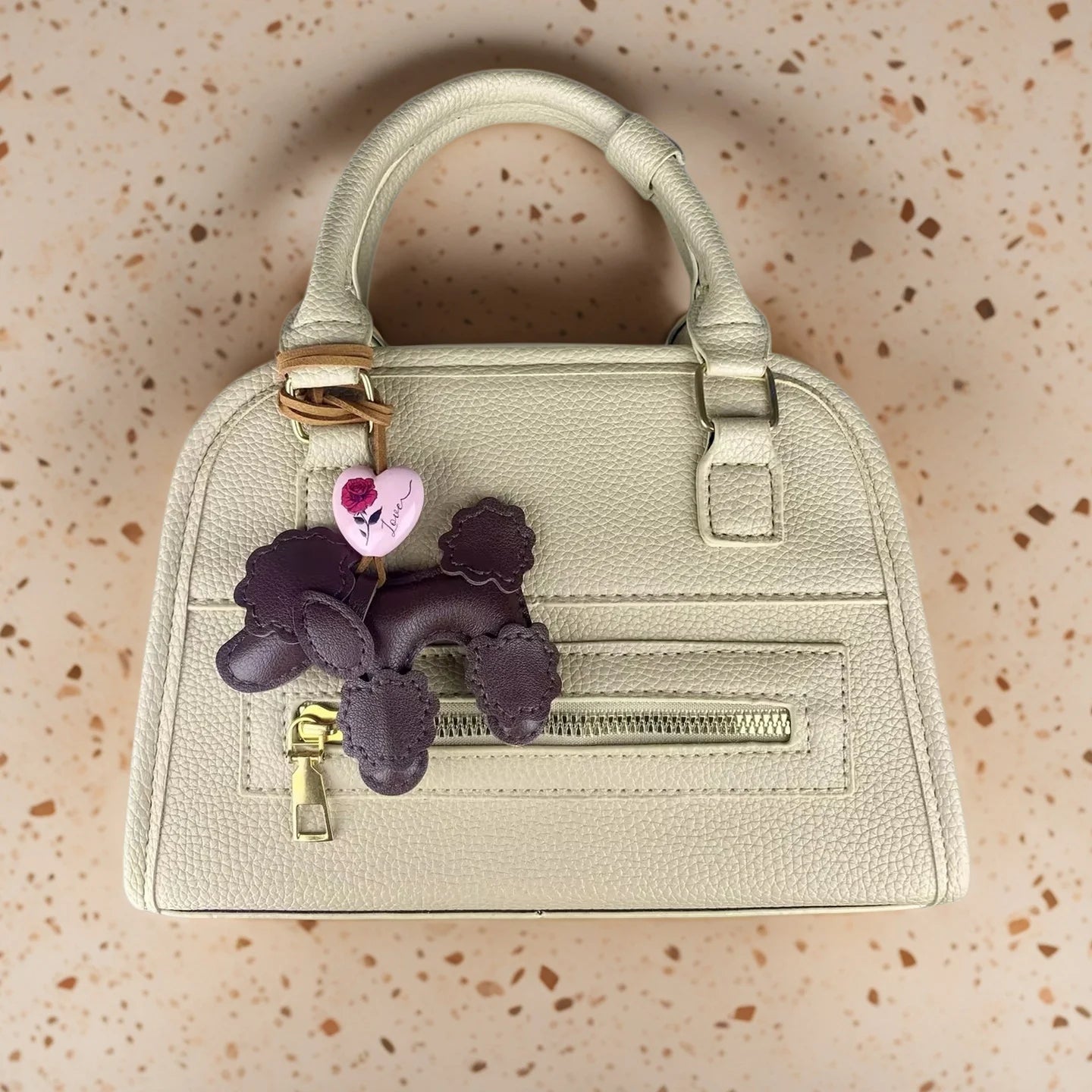 3 Colors PU Leather Poodle Dog Bag Charm/Keychain-Cute Puppy Purse Accessory with Love Heart Pendant, Lovely Gift for Dog Lovers