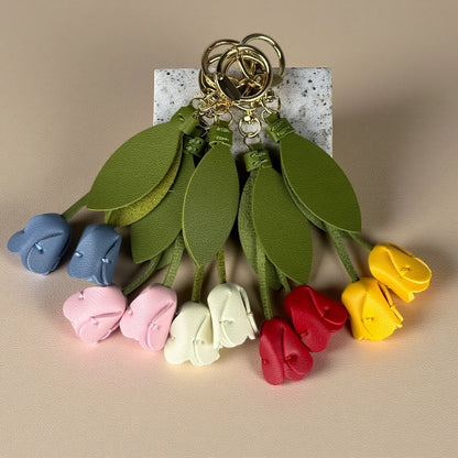 8-Color Soft PU Leather Tulip Bag Charm– Elegant Hanging Floral Accessory with Metal Ring, Realistic Bloom Design for Backpack