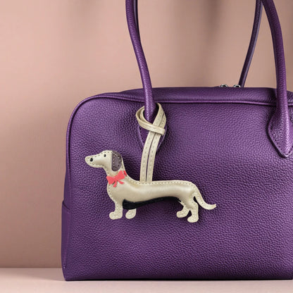 Red Bow-Adorned Dachshund Leather Bag Charm: PU Leather, Slim Shape, Red Bow, Premium Soft Fill