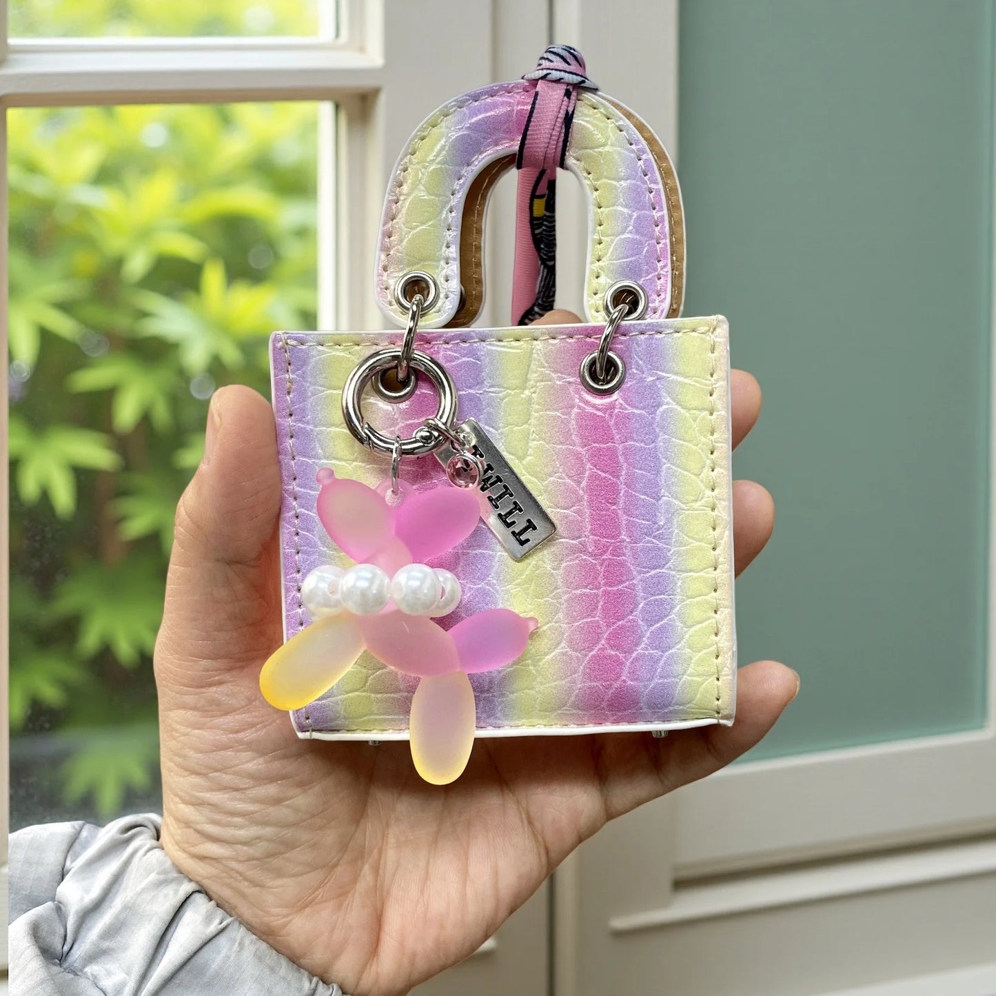 Mini PU Leather Bag Purse Charm, Rainbow Color Mini Bag With Gradient Balloon Dog Keychain Set for Earbuds/Charger Cable/Gift