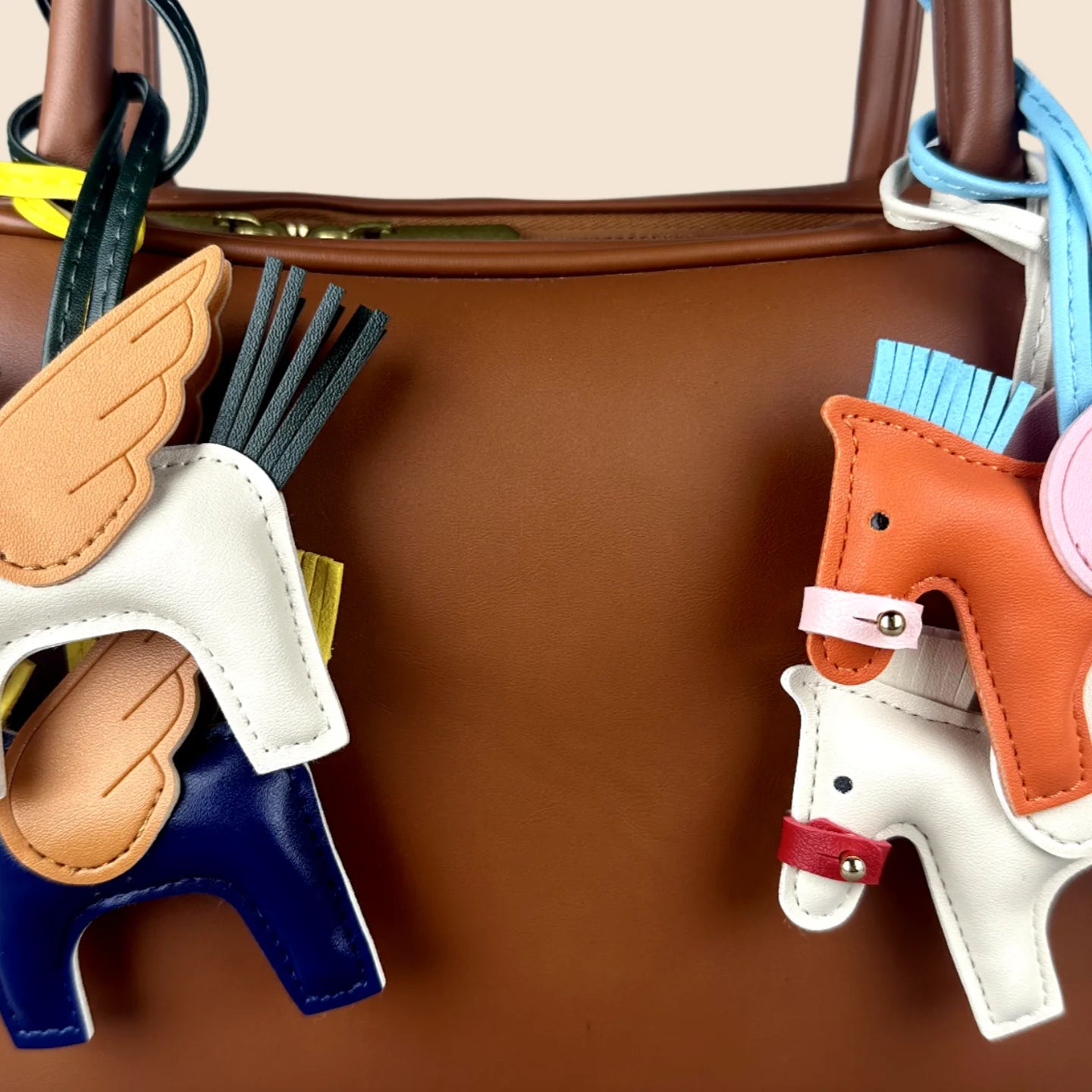 Elegant Winged Pony Keychain with Detachable Mouth Strap | Hand-Stitched Premium PU Leather Bag Charm with Plush Filling, Gift